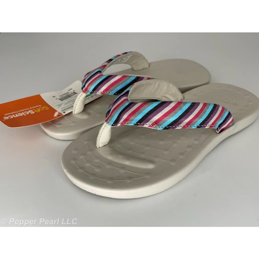 Flip Flop Thong Sandal Women's Size 6 White Violet Gray Stripe Soft Science Foam